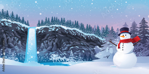 Cartoon snowman with a blue scarf and hat celebrates the winter holiday season in a snowy landscape illustration for a Christmas card