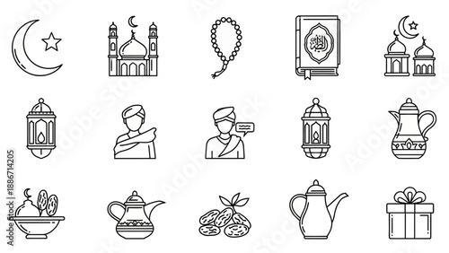 Ramadan Icons Collection Crescent Moon, Mosque, Prayer Beads, Quran, Lantern, Coffee Pot, and Gift Box Vector Graphics for Islamic Celebrations