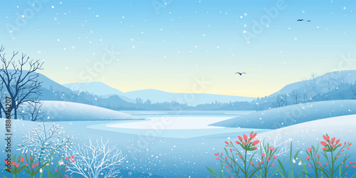 A serene winter landscape features a calm lake reflecting snowy mountains and a blue sunset sky with soft clouds at dawn