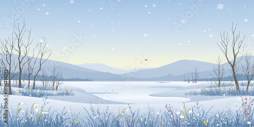 A panoramic winter landscape reveals a calm snow-covered mountain reflected in the blue water of a frozen lake under a soft sunset sky with clouds