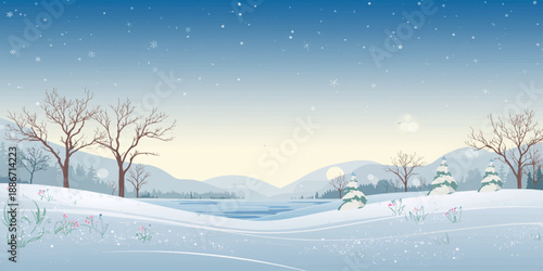 A serene winter landscape features snow-covered trees in a frozen forest under a blue sky, where a white frost blankets the nature path and mountain scene during the cold Christmas season