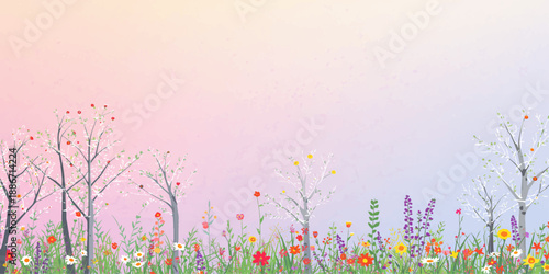 A vibrant spring meadow landscape featuring watercolor green grass and wildflowers under a sunny sky with butterflies and daisies in a seasonal nature illustration