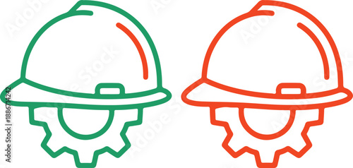 Colorful illustration of two hard hats with gear icons in green and red outline