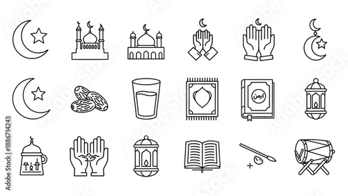 Comprehensive collection of elegant line icons representing Ramadan and Islamic traditions, perfect for illustrating worship, fasting, and spiritual celebrations during the holy month
