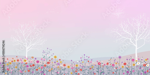 A vibrant spring meadow with pink and purple flowers and butterflies forms a floral vector illustration frame, featuring a decorative nature pattern perfect for a summer blossom wallpaper or card