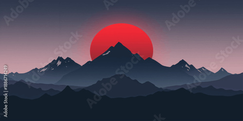 Beautiful sunrise and sunset over misty mountain landscape with clouds and glowing sky