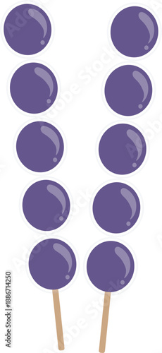 Flat vector illustration of two grape tanghulu skewers featuring round purple grapes coated in a hard, glossy sugar glaze.