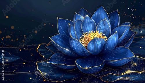 A mesmerizing, digitally rendered, blue lotus flower with gold accents floats on water, radiating elegance and tranquility. Sparkling particles