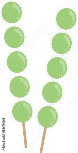 Description: Flat vector illustration of two green grape tanghulu skewers featuring round shine muscat grapes coated in a shiny, transparent sugar glaze.