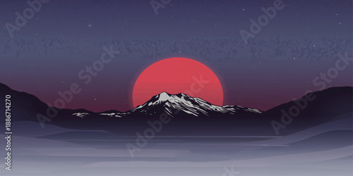 sun over mountains under a starry night sky with clouds and soft light creating a calm natural landscape