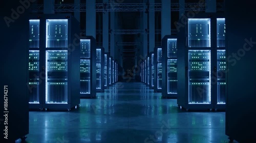 Data Center Server Room Corridor with Rhythmic Blinking Blue Lights