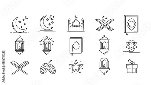 Collection of Minimalist Line Art Icons for Islamic Holidays, Featuring Mosques, Crescent Moons, Lanterns, and Quran Symbols Perfect for Ramadan and Eid Celebrations