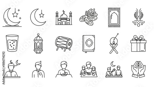 A comprehensive collection of outline icons depicting various elements, traditions, and symbols associated with Ramadan, Eid, and Islamic culture, perfect for digital designs