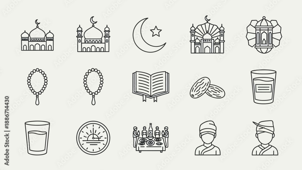 Fototapeta premium Diverse Collection of Islamic Line Art Icons Representing Ramadan, Eid, and Spiritual Traditions for Cultural Designs