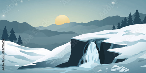 A breathtaking panorama of a frozen Antarctic landscape featuring a white iceberg and glacier nestled among snowy mountains under a cold sky reflecting on the deep blue ocean water