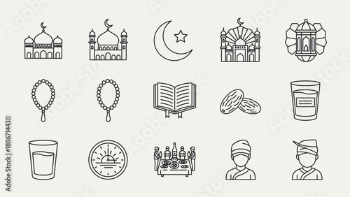 Diverse Collection of Islamic Line Art Icons Representing Ramadan, Eid, and Spiritual Traditions for Cultural Designs