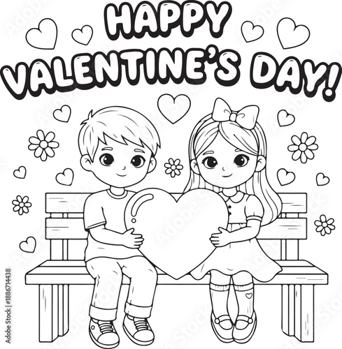 Happy valentines day kids holding heart on bench flowers