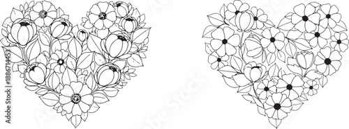 Heart shaped floral arrangement with flowers and leaves illustration