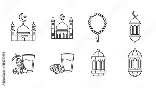 Elegant linear icons representing Islamic culture and traditions, featuring mosques, prayer beads, festive lanterns, dates, and drinks, ideal for Ramadan designs