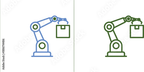 Robotic arms lifting boxes in blue and green lines