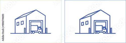 Warehouse building with truck icons in blue line art style