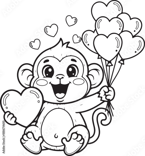 Monkey holding heart balloons and heart shaped balloon smiling