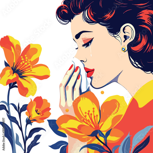 Vsai woman experiencing hay fever symptoms from blooming flowers