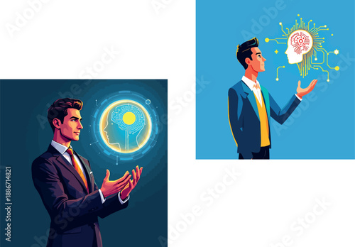 Vsai businessman holding abstract artificial intelligence mind concept