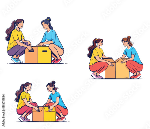 Vsai women packing boxes, moving and helping each other