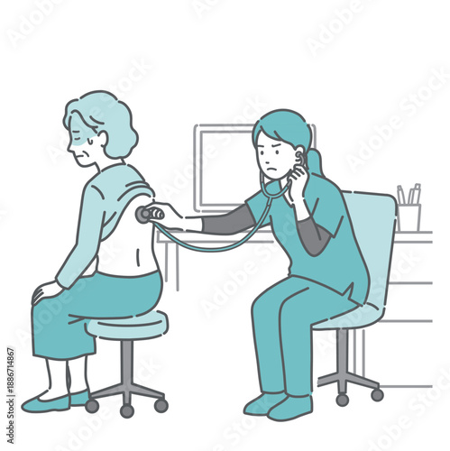 背中の聴診を受ける冷や汗をかいた高齢女性と深刻な表情のスクラブ姿の女性医療従事者のイラスト