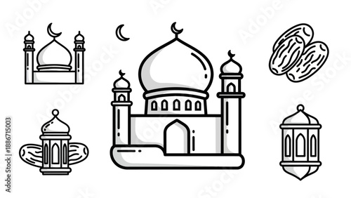 Set of Islamic icons featuring mosques, lanterns, and dates, perfect for Ramadan and Eid celebrations