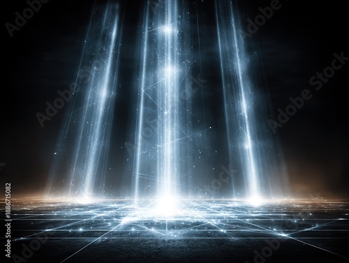 Radiant vertical light columns descending onto digital grid surface symbolizing data convergence energy transmission and futuristic system activation