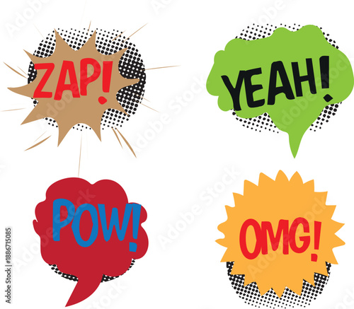 A collection of four vibrant, stylized comic book sound effect speech bubbles featuring classic action words like zap, pow, yeah, and omg rendered in bold contrasting colour against a white backdrop r