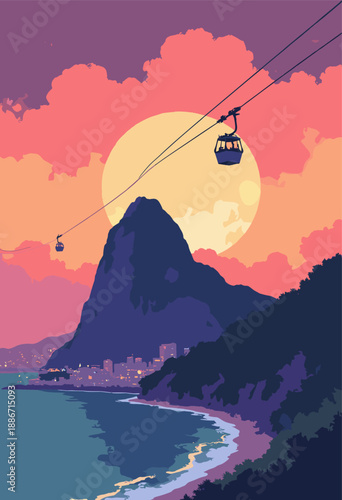 Rio de Janeiro Sugarloaf Mountain sunset cable car ascending into sky filled warm romantic colors Beach view below Flat