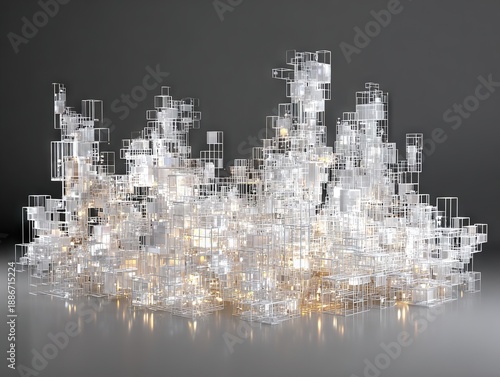 Abstract luminous structural cluster with layered transparent forms and glowing points representing complex systems emergence and architectural data density