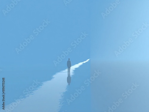 Minimalist blue landscape with solitary human figure walking along reflective boundary symbolizing solitude introspection transition and emotional calm