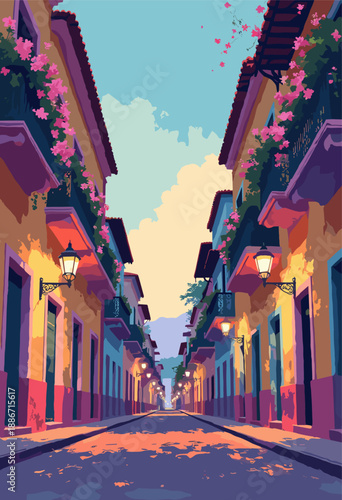 Cartagena, Colombia old city streets Colorful colonial buildings balconies overflowing bougainvillea flowers Romantic evening lighting Flat