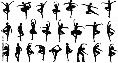 Ballet dancer silhouettes, elegant poses, classical dance art, graceful movement, black vector icons, tutu performance, ballerina shapes, choreography illustration