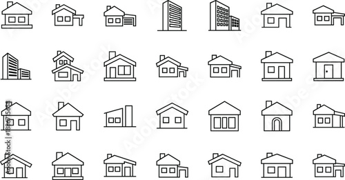 Building icons set, residential architecture, house designs, apartment symbols, black white line art, urban planning, home styles, vector illustration, grid layout
