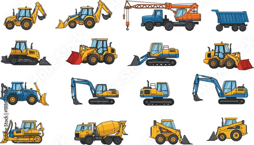Cartoon construction vehicles, bulldozer, excavator, dump truck, cement mixer, crane, loader, backhoe, heavy machinery, industrial equipment, building site illustration