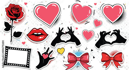 Sweet Valentine's Love Stickers Hearts, Kiss, Rose, and Bows for Romance