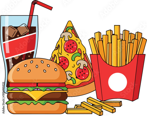 Assorted fast food including burger, pizza, fries, and soda arranged on a table, viewed from directly above.
