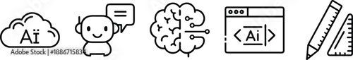 AI and technology icons: cloud, robot, brain, code editor, and ruler/triangle for digital and creative applications transparent background