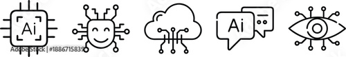 AI icons: CPU chip, robot face, cloud, chat bubbles, and eye for artificial intelligence and machine learning transparent background