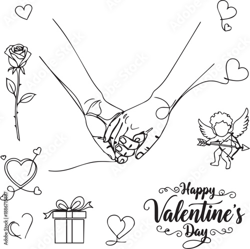 Minimalist Valentine's Day Line Art Collection with Holding Hands, Cupid, and Romantic Elements