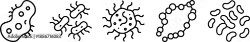 Set of basic outline icons illustrating different forms of bacteria and microbes for scientific and medical representation. transparent background