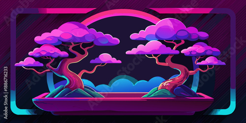 Two bonsai trees with glowing leaves and a neon frame surrounded by pink clouds in a dark landscape 3d wallpaper home decoration custom 3d photo wallpaper panaflex design for wall hd