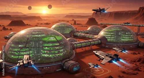 Futuristic biodomes house flourishing life on a distant planet's arid landscape during sunset