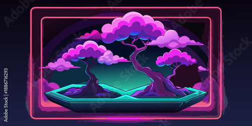 Two bonsai trees with glowing leaves and a neon frame surrounded by pink clouds in a dark landscape 3d wallpaper home decoration custom 3d photo wallpaper panaflex design for wall hd