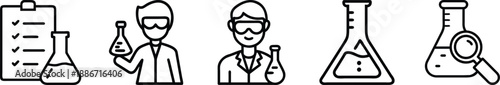 Laboratory icons showing scientists, beakers, clipboard, and flasks for research transparent background
